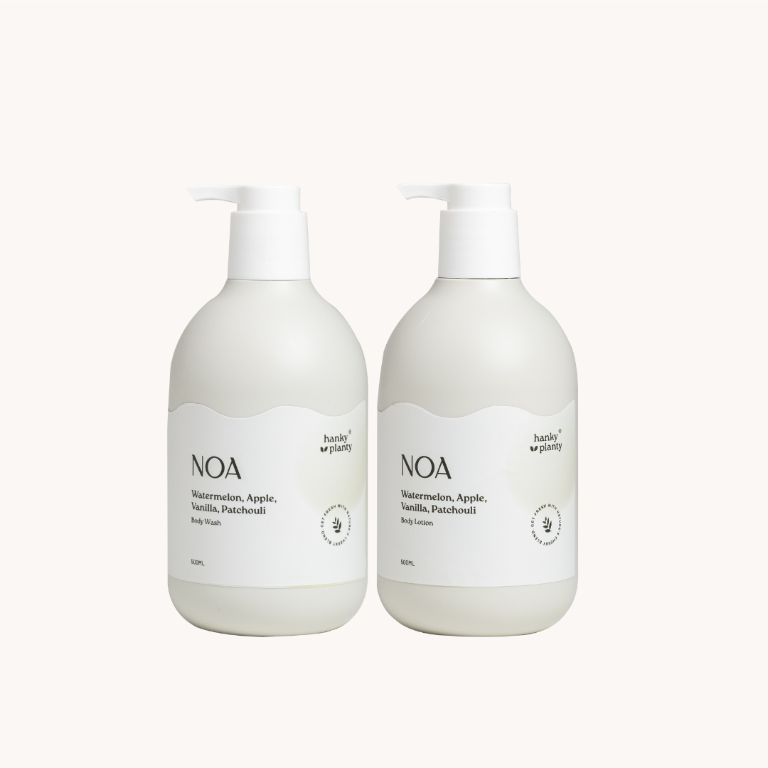 Two bottles of NOA Natural Body Wash and Body Lotion on a white background