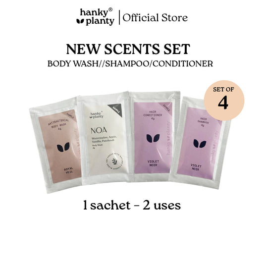Hanky Planty Sample Set – 4 Sachets (Body Wash + Shampoo + Conditioner)