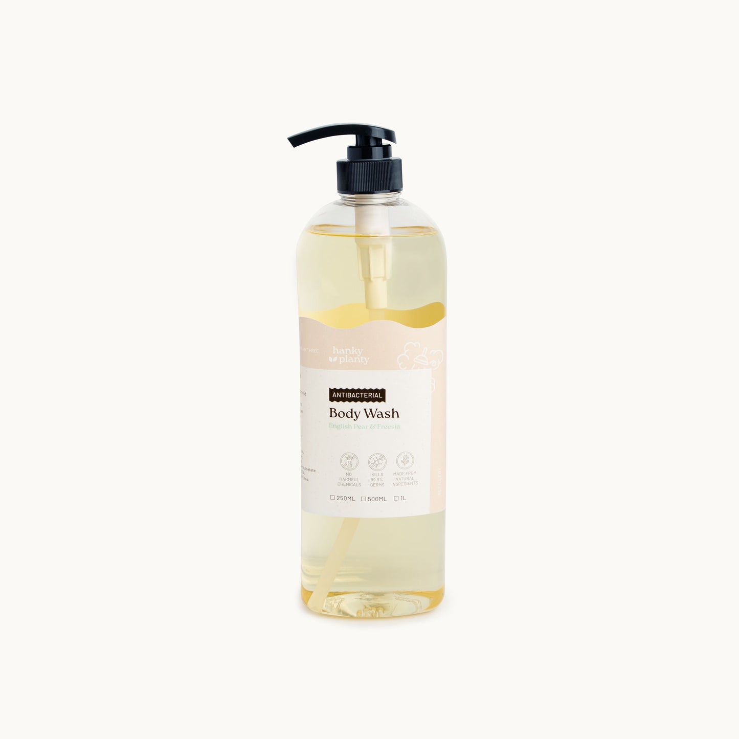 1L English Pear & Freesia Body Wash in clear pump bottle with minimalist label, gentle and refreshing formula by Hanky Planty.