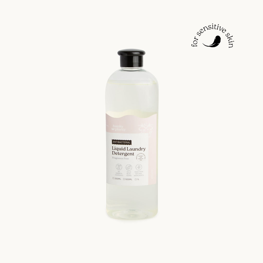 Hanky Planty Fragrance Free laundry detergent, plant-based, biodegradable household cleaner, made in Malaysia