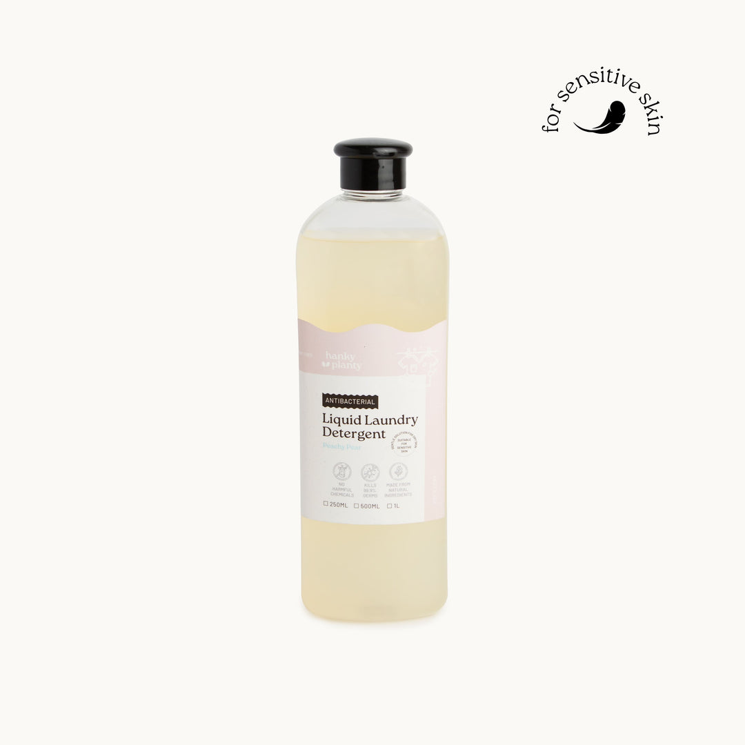 Hanky Planty Peachy Pear laundry detergent, plant-based, biodegradable household cleaner, made in Malaysia
