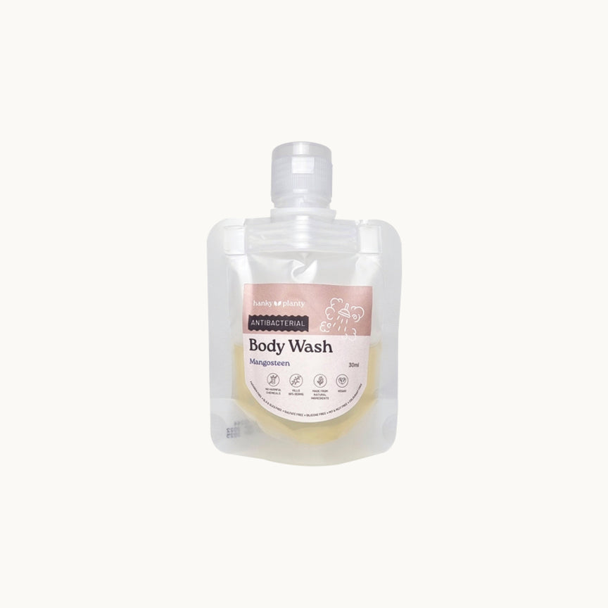 Hanky Planty Petite Antibacterial Body Wash, Mangosteen 30ml refill pouch with pink label, displayed on a white background.