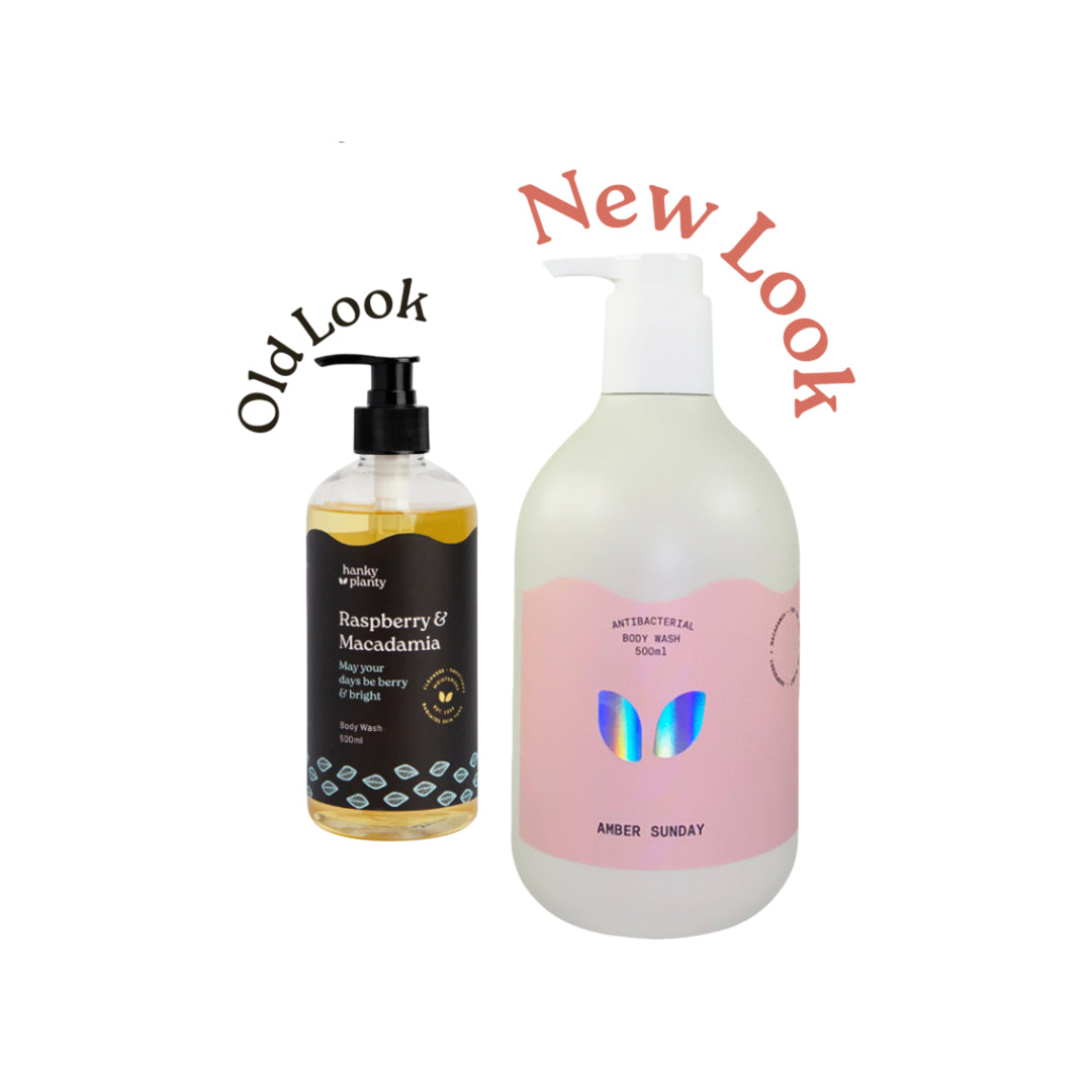 Hanky Planty Amber Sunday (Raspberry & Macadamia) body wash, 500ml pump bottle — sulfate-free, plant-derived, made in Malaysia