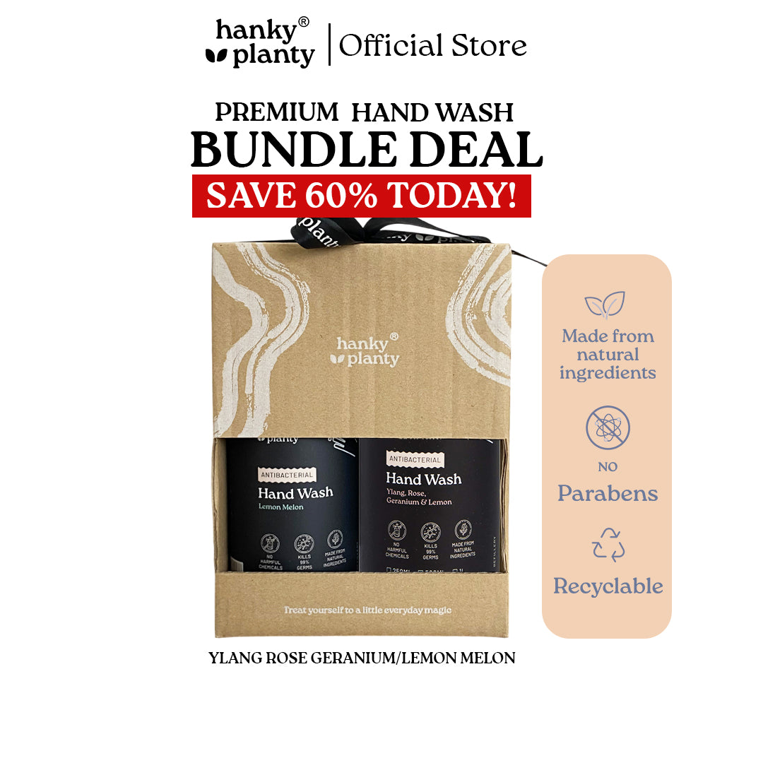 Hanky Planty Antibacterial Hand Wash Premium Bundle Ylang Rose Geranium & Lemon Melon 500ml
