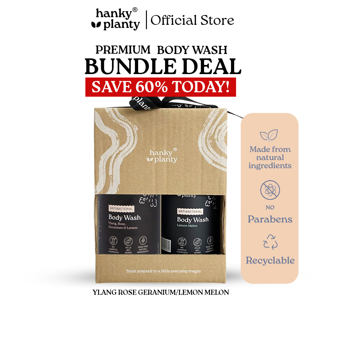 Hanky Planty Antibacterial Body Wash Premium Bundle Ylang Rose Geranium & Lemon Melon 500ml