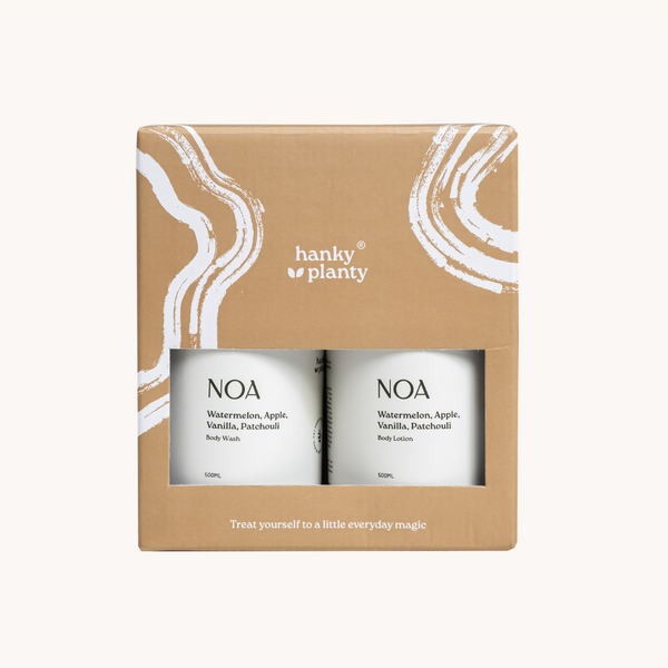 NOA Duo set with one NOA natural body wash and one NOA body lotion in eco-friendly brown box packaging with Hanky Planty branding.