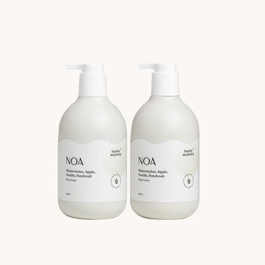 Two bottles of NOA Natural Body Wash and Body Lotion on a white background