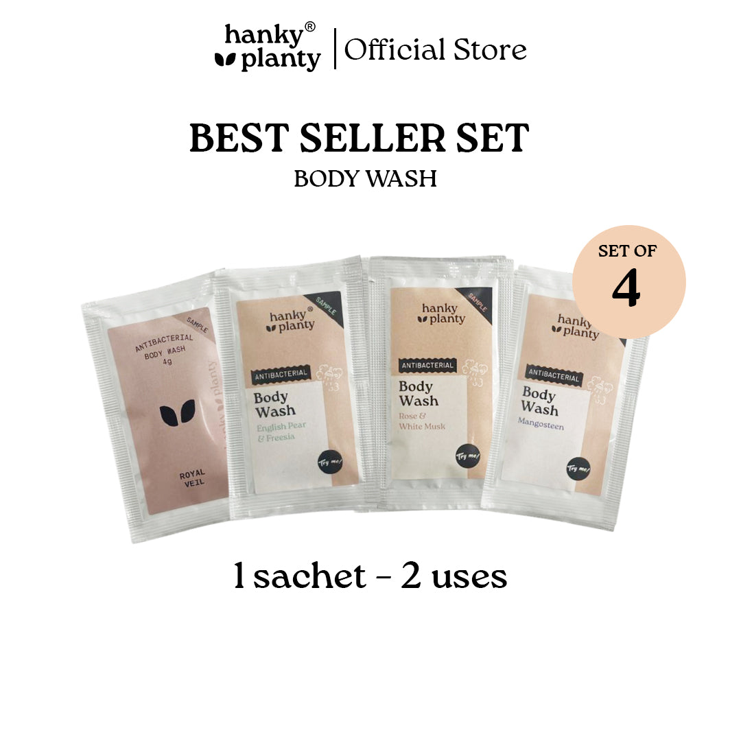 Hanky Planty Sample Set – 4 Sachets (Body Wash + Shampoo + Conditioner)