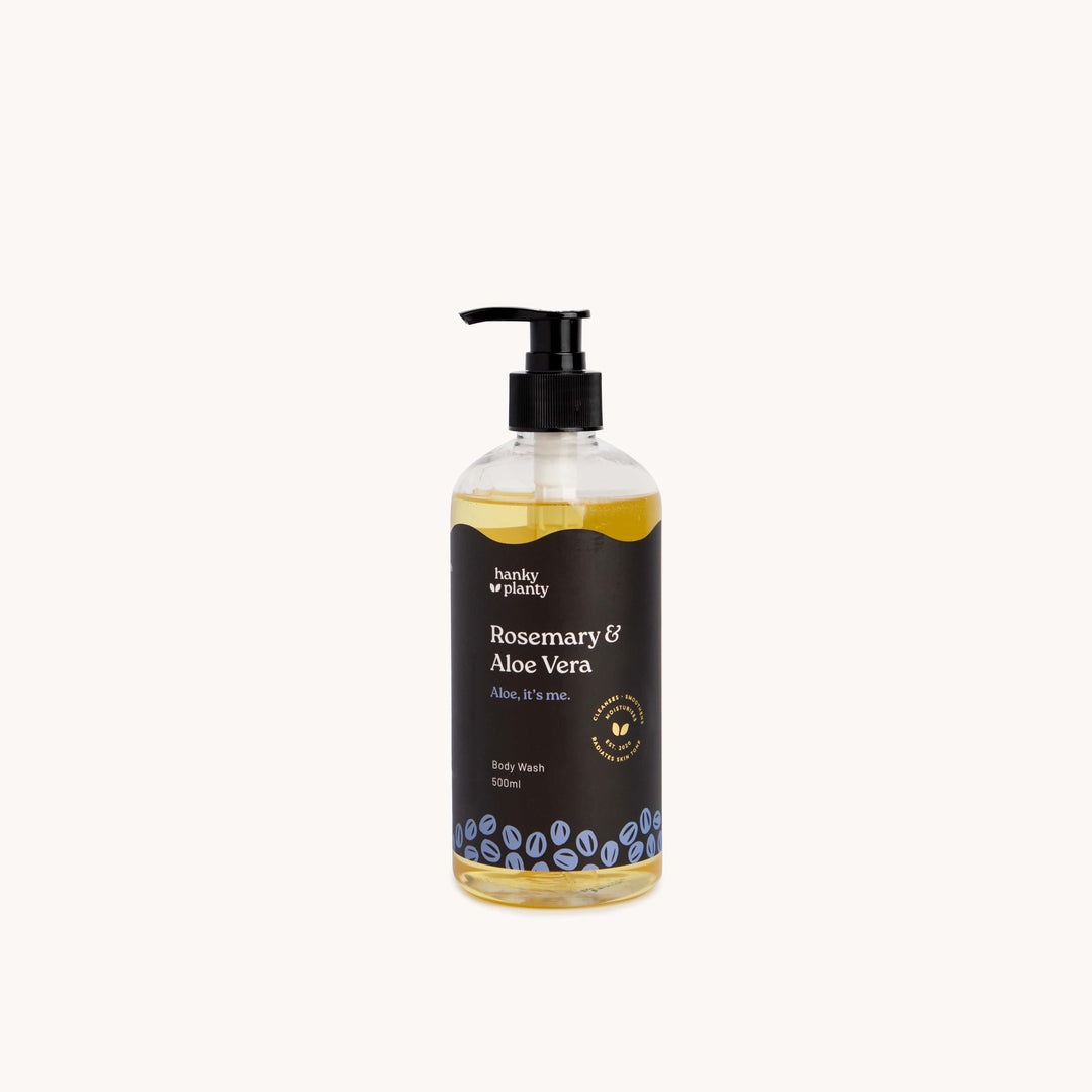 Hanky Planty Rosemary Aloe Vera Natural Body Wash, 500ml pump bottle with black label and golden-yellow liquid, displayed on a clean white background.