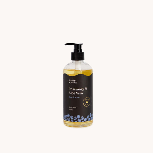 Hanky Planty Rosemary Aloe Vera Natural Body Wash, 500ml pump bottle with black label and golden-yellow liquid, displayed on a clean white background.
