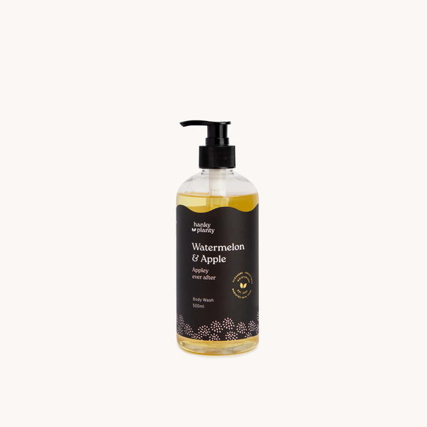 Hanky Planty Watermelon & Apple natural body wash, 500ml pump bottle with black label and golden liquid, displayed on a white background.